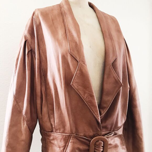 Vintage 1980s Brown Cropped Long Dolman Sleeve Belted Leather Jacket - M/L - Picture 2 of 8